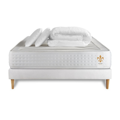Pack lit complet 180x200 cm - Matelas + Sommier Blanc (en kit) + 2 oreillers + Couette - Vingt-Quatre