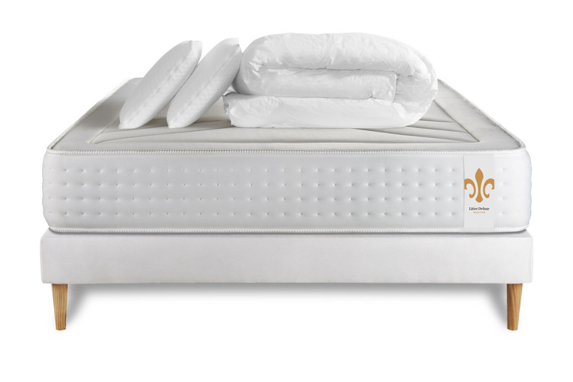 Pack lit complet 180x200 cm - Matelas + Sommier Blanc (en kit) + 2 oreillers + Couette - Vingt-Quatre