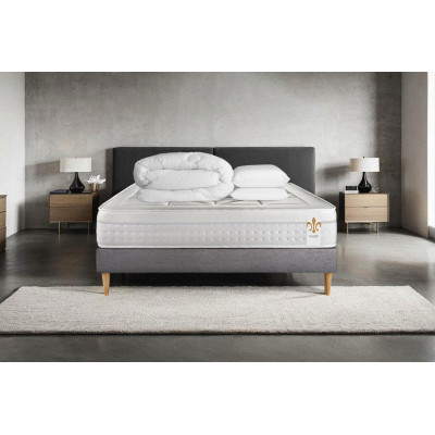 Pack lit complet 200x200 cm - Matelas + Sommier Gris (en kit) + 2 oreillers + Couette - Vingt-Huit