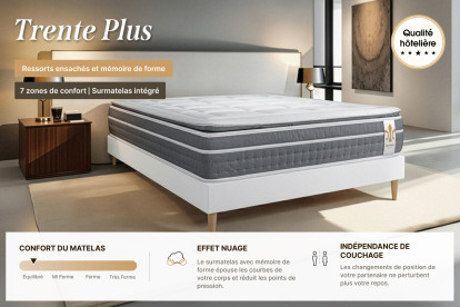 Pack lit complet 140x190 cm - Matelas + Sommier Gris (en kit) + 2 oreillers + Couette - Trente PLUS