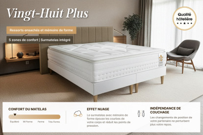 Pack lit complet 140x190 cm - Matelas + Sommier Gris (en kit) + 2 oreillers + Couette - Vingt-Huit PLUS