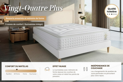 Pack lit complet 140x190 cm - Matelas + Sommier Gris + 2 oreillers + Couette - Vingt-Quatre PLUS