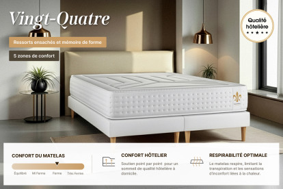 Pack lit complet 180x200 cm - Matelas + 2 Sommiers Blancs + 2 oreillers + Couette - Vingt-Quatre
