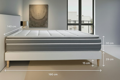 Pack lit complet 140x190 cm - Matelas + Sommier Blanc (en kit) + 2 oreillers + Couette - Trente PLUS