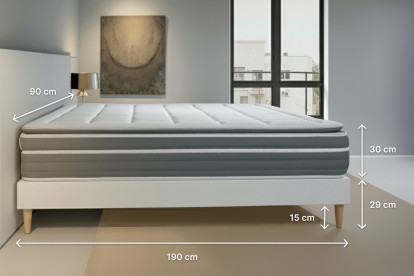 Ensemble Matelas Sommier 90x190 cm - Sommier Gris (déjà monté) - Trente PLUS
