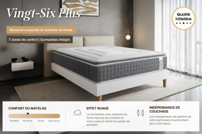 Pack lit complet 140x190 cm - Matelas + Sommier Blanc + 2 oreillers + Couette - Vingt-Six PLUS